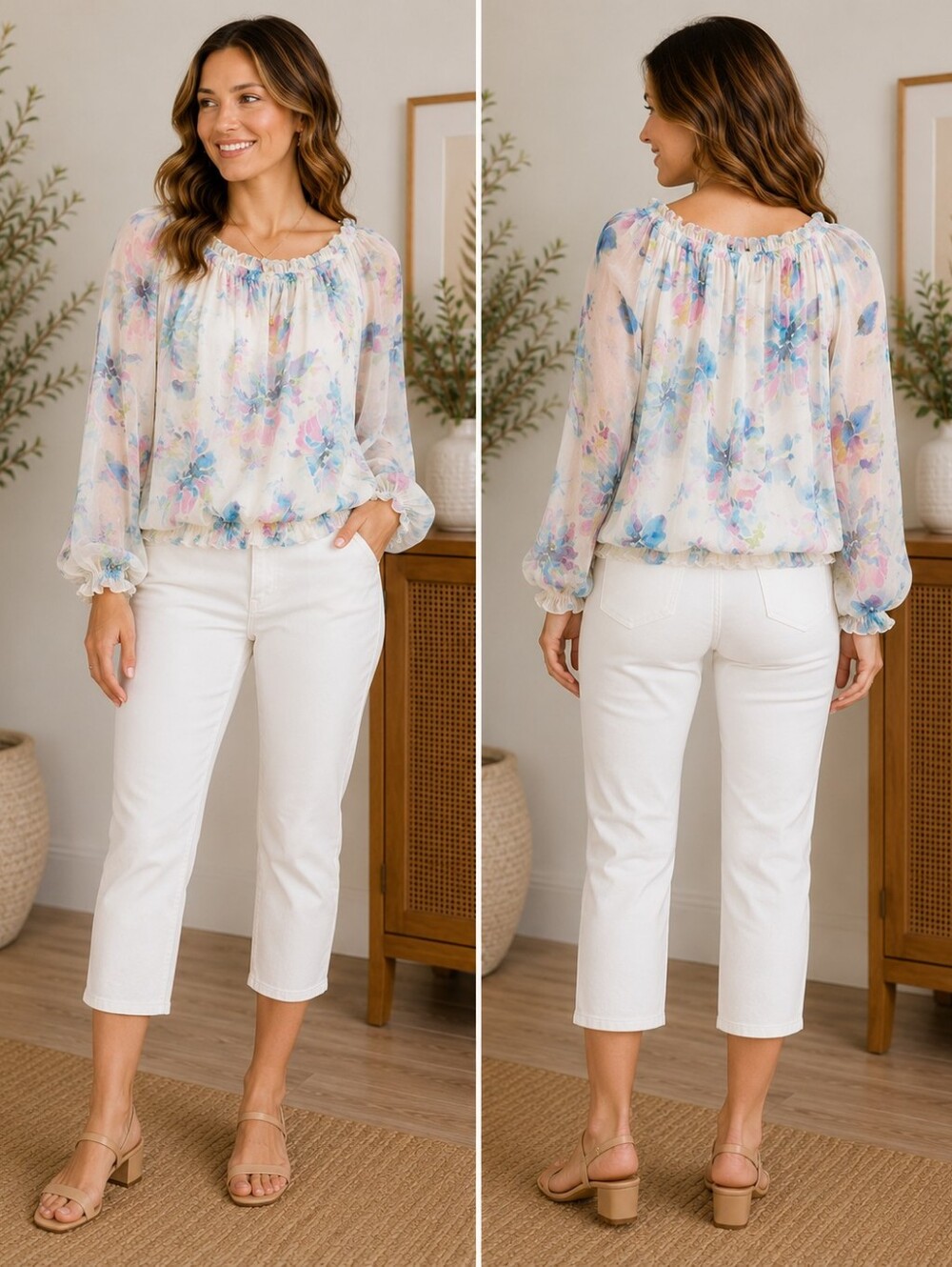 Le Ragazze Italy Floral Sheer Peasant Blouse Size Small Watercolor Print